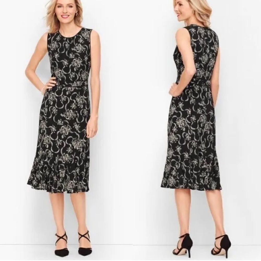 Talbots Floral Crepe Fit &‎ Flare Midi Dress Black White Womens 18W Petite